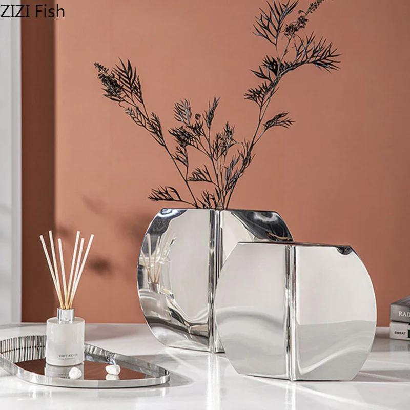 Silvery Geometry Vase Desk Decoration Flower Arrangement Artificial Flowers Decorative Floral Vases Room Aesthetic Decor