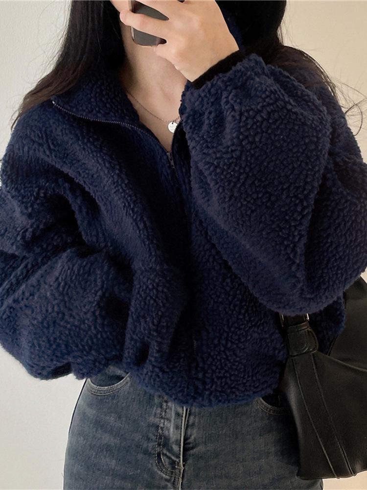 Dámská bunda z jehněčí vlny se stojáčkem a fleecovou podšívkou - Volný střih, Silná, Zapínací svetr na podzim/zimu 2025