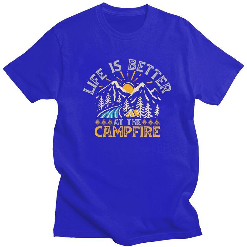 Custom Life Is Better Campfire Mountain Camping T Shirt for Men Pure Cotton Tshirt Fashion Tees Tshirt Loose Fit Clothing Gift