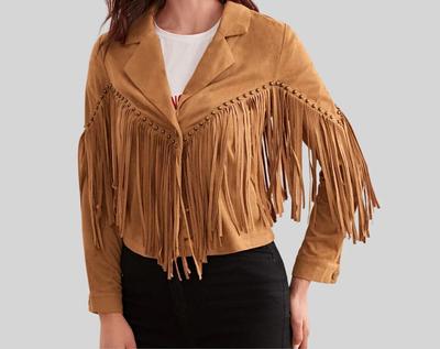 Tan Motorcycle Genuine Lambskin Jacket Fringed Handmade Suede Women Leather