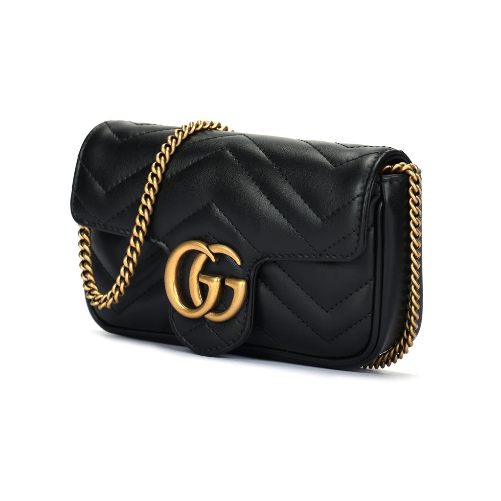 Gucci Gg Marmont Gold Retro Doppel G Logo Mit Schlüsselring V-förmig Genähtes Leder Und Rindsleder Einzelne Schulter Umhängetasche Ultra-Mini Damen Schwarz