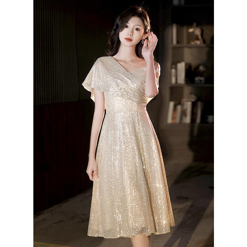 Champagne evening dress women's small light luxury niche sequins host dress bright medium and long dress