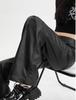 Women's High Waist Black PU Leather Pants - Autumn Korean Style, Slimming, Wrinkled Design, Casual Long Fit.