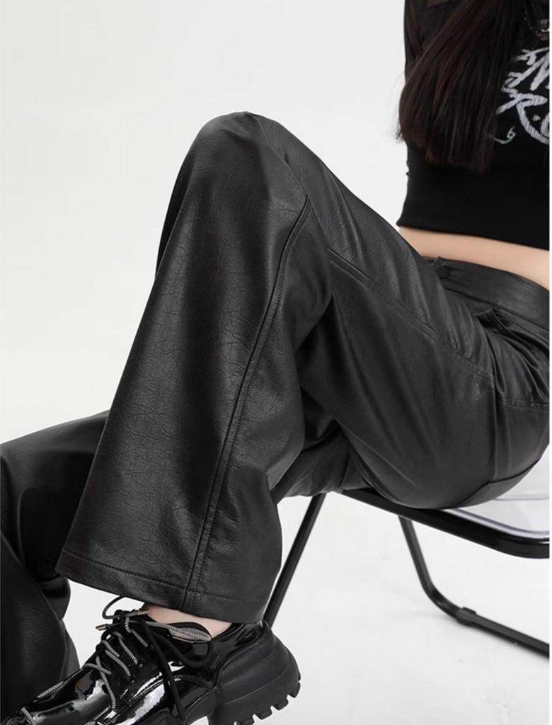 Women's High Waist Black PU Leather Pants - Autumn Korean Style, Slimming, Wrinkled Design, Casual Long Fit.