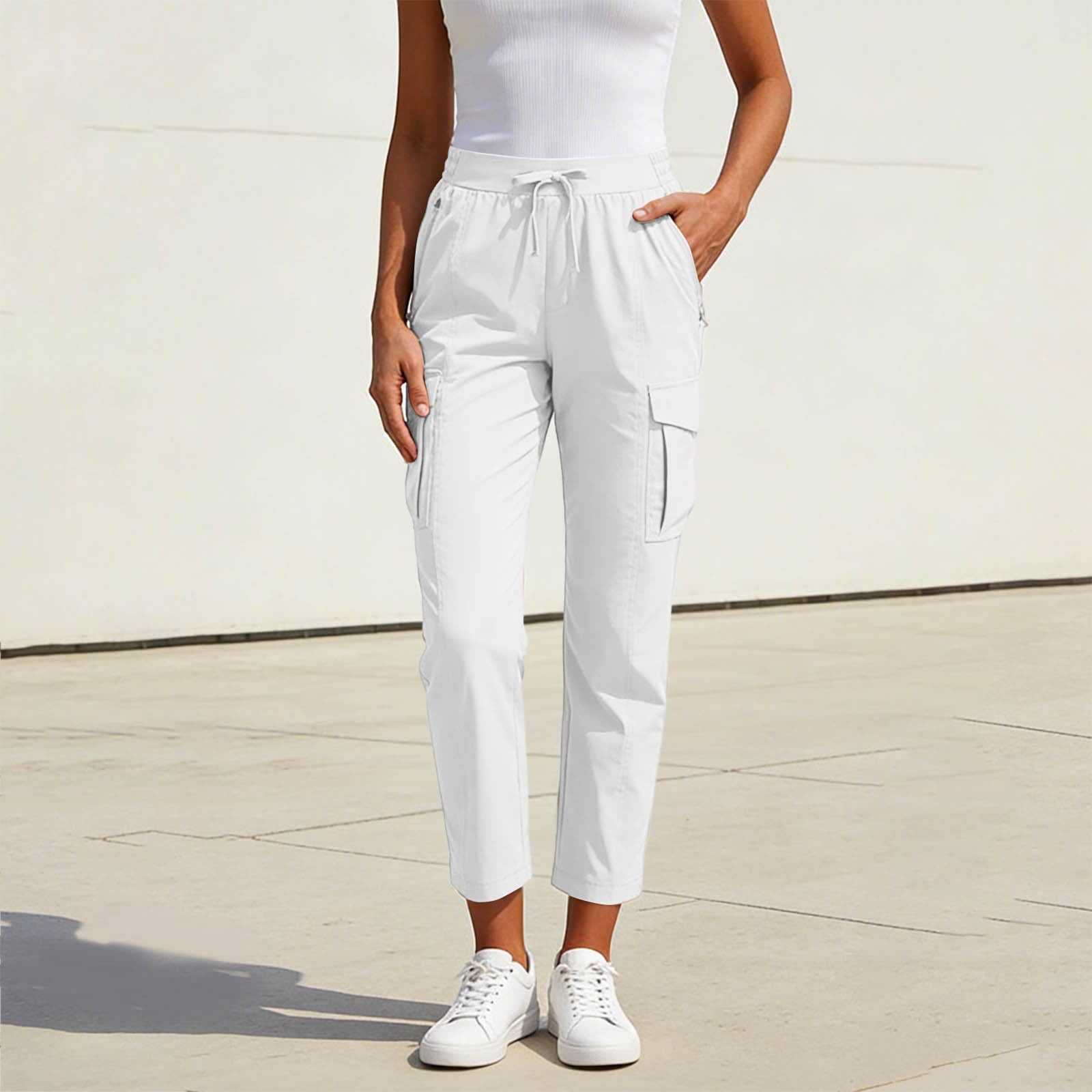

Women Casual Cargo Pants with Drawstring Waist Multiple Pockets Relaxed Fit Lightweight Trousers for Daily Wear XL білий