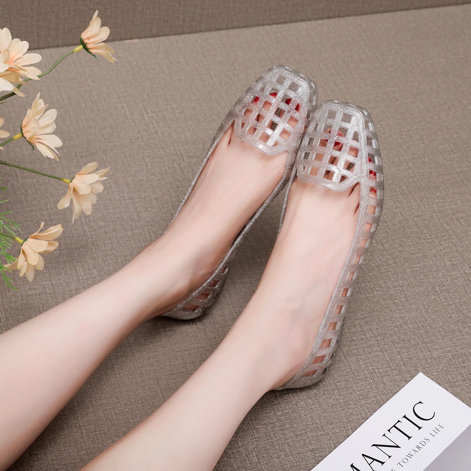 

Женские летние сандалии Jelly: Квадратный носок, ажурный, закрытый носок, закрытая пятка, низкий вырез, маленький каблук, стильный и удобный. 37