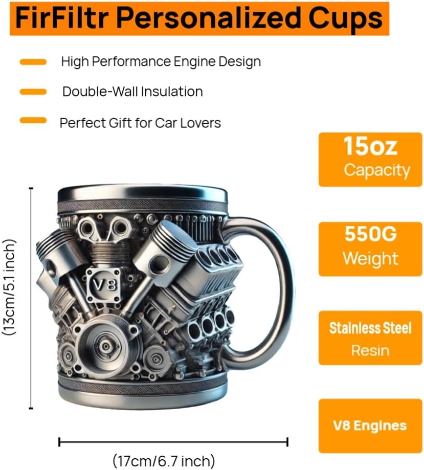 V8 Engines Stainless Steel Cup,Personalized Coffee Mug with Insulated Handle,Perfect for Car Lovers Gifts,Mechanics, Christmas,Living room decoration