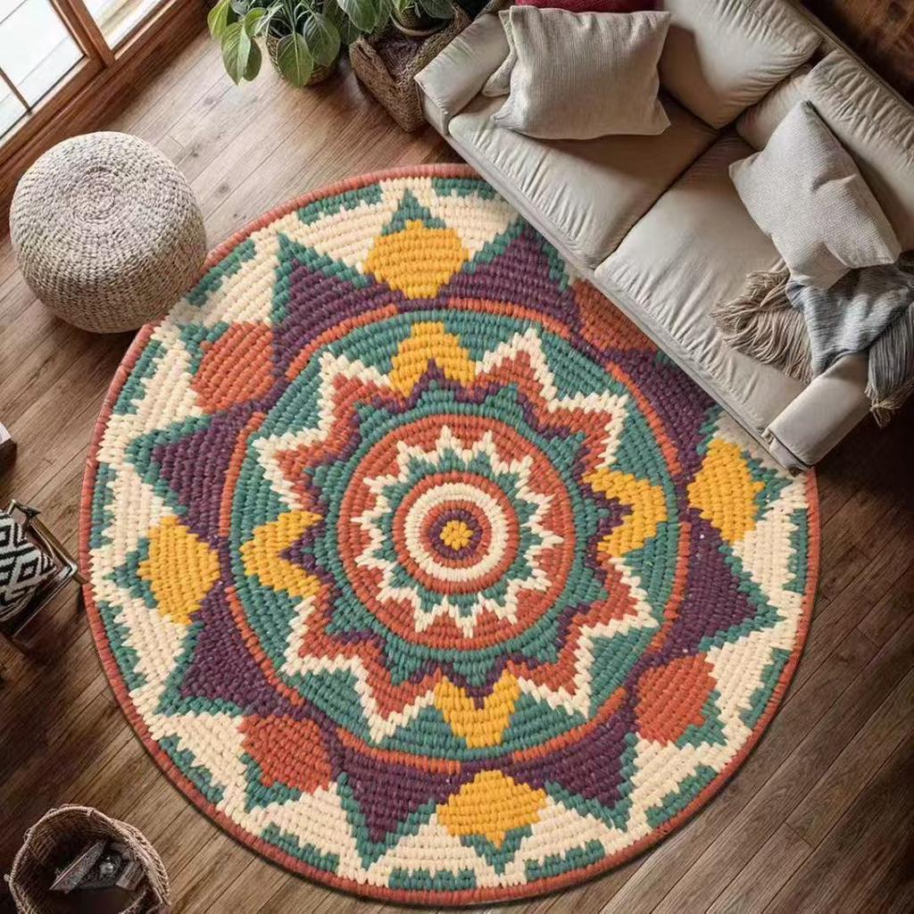 Okrągły Dywan Mandala Mata Dywanik Boho Etniczny Dekoracja Domu Antypoślizgowy Ręcznie Tkany Kolorowy Geometryczny Mata Podłogowa do Salonu
