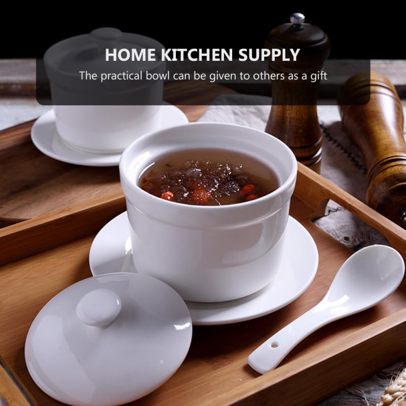 OUNONA Braised Chawanmushi Ceramic White with Lid Stylish Japanese Style 4 Inch Stew Pot Pudding Container Heat Resistant Soup Bowl Jar Stew Pot