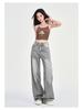 Women's 2025 Spring Gray Low-Rise Wide-Leg Retro Petite Jeans