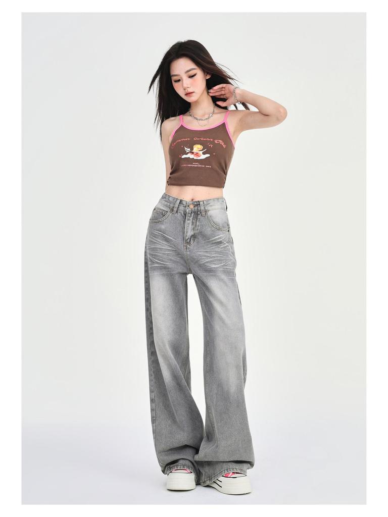 Women's 2025 Spring Gray Low-Rise Wide-Leg Retro Petite Jeans