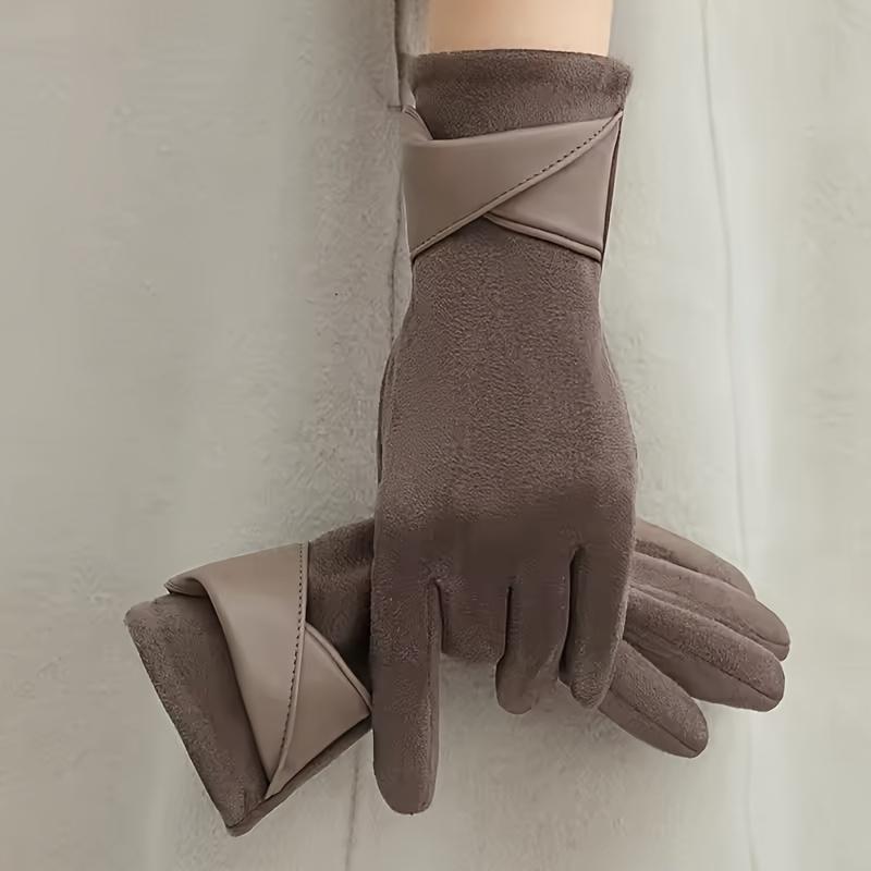 [Warm Gloves] Warm Touchscreen Women's Brown Gloves | Stylish Elegant Bow Accents, Full Finger Design, Polyester Material