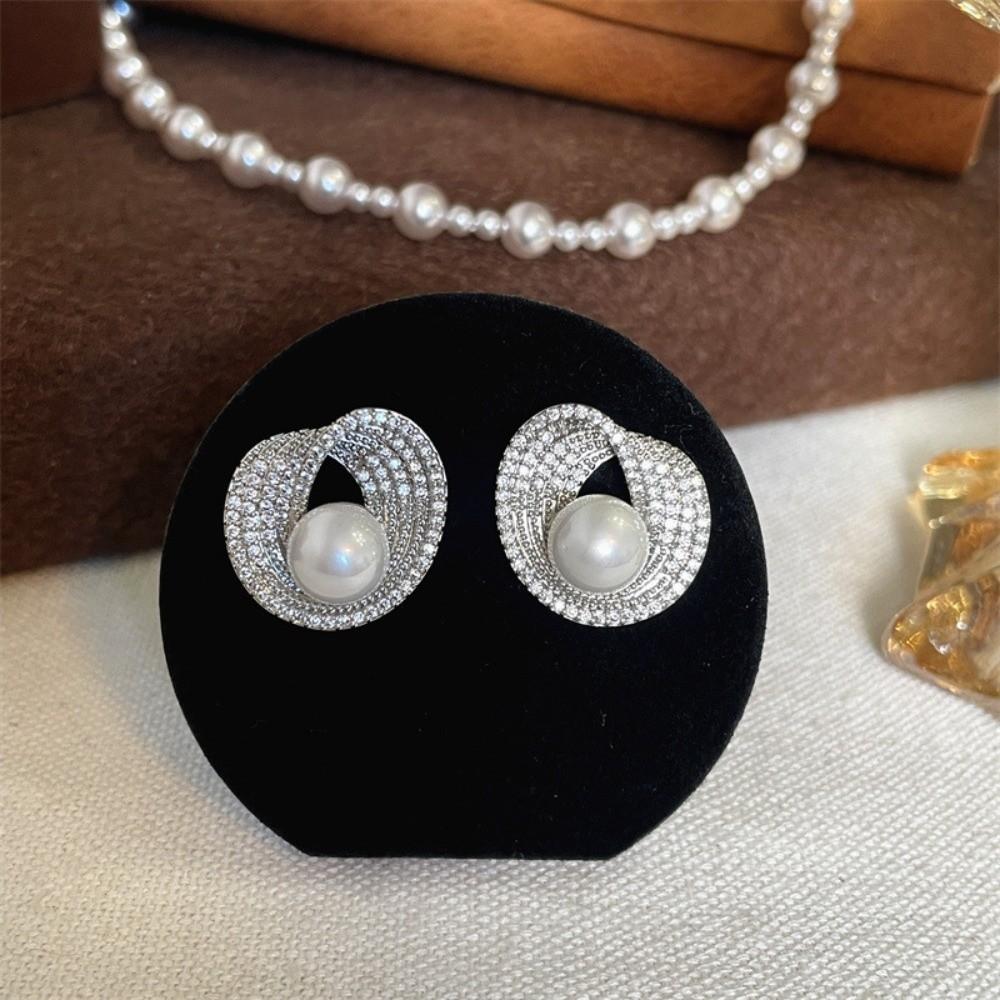 Light Luxury Pearl Stud Earrings Rhinestone Women Ear Jewelry Bright Pearl Ear Studs Girls