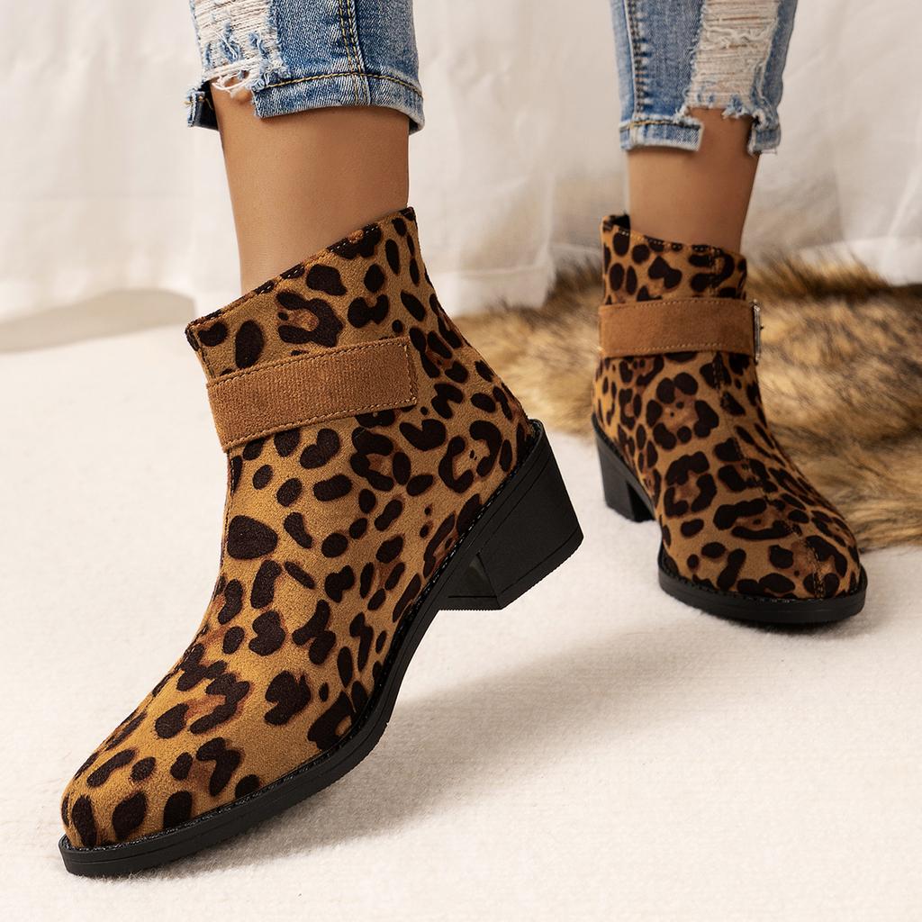 Fashion 2024 New Ankle Boots Women High Heels Women Shoes Track Design Leopard Print Shoes for Women Thick Pointed Fashion Western Boots