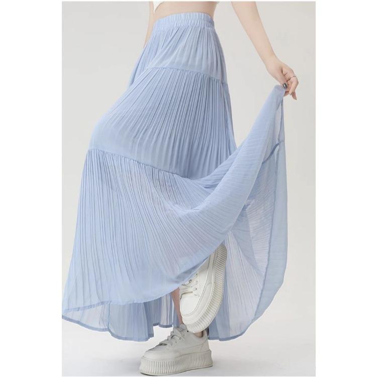 Elegant Purple Chiffon Pleated Half Skirt for Women, Summer High Waist Slim A-line Umbrella Long Swing Skirt