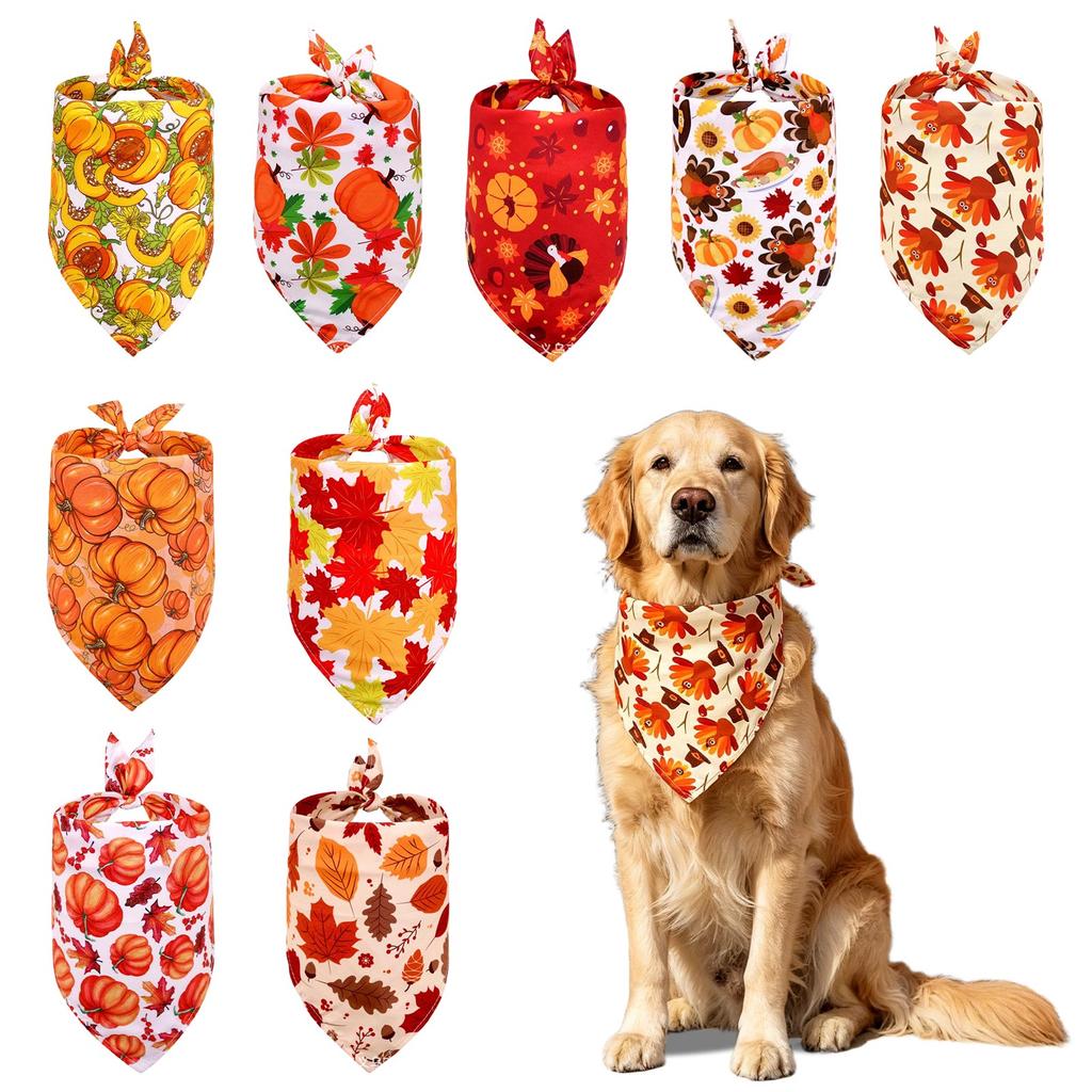 Thanksgiving Dog Bandana Medium Size Adjustable Pet Scarf with Pumpkin Pattern for Holiday Seasonal Wear and Comfortable Fit