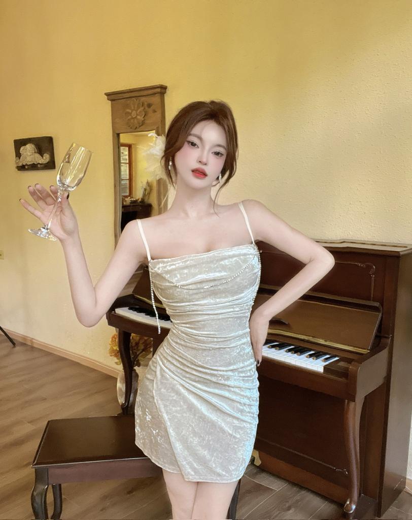 Temperament Golden Velvet Irregular Suspender Dress Nightclub Sexy Waist Pure Hip Wrap Bottom Dress