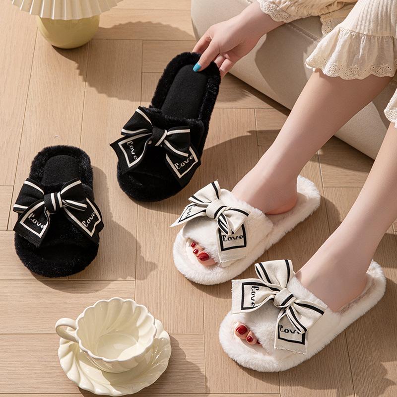 Open-toe Plush Slippers, LOVE Bow Women's Home Slippers, Wooden Floor Cotton Slippers, Plush Slippers