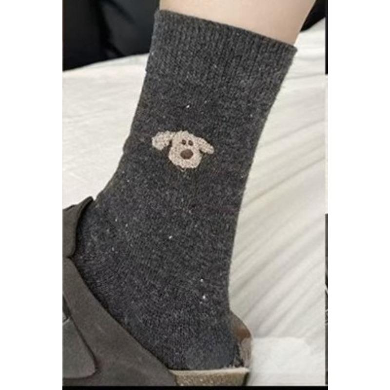 Female Autumn and Winter Thickened Warm Cute Cartoon Embroidered Puppy Wool Drum Pile Socks