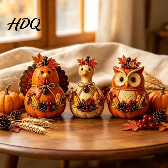 Seasonal Autumn Shelf Display 3PCS Rustic Harvest Wooden Ornaments Animal Designs Retro Small Pumpkin Figurines Distressed Farmhouse Crafts