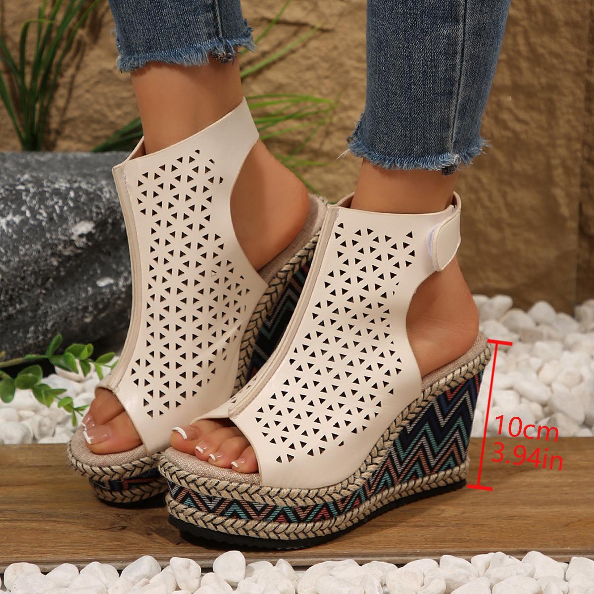 

Сандалии на танкетке с подошвой из пеньковой веревки, женские летние новые большого размера, женская обувь на толстой подошве с открытым носком, дышащие полые римские сандалии на липучке 42 бежевый