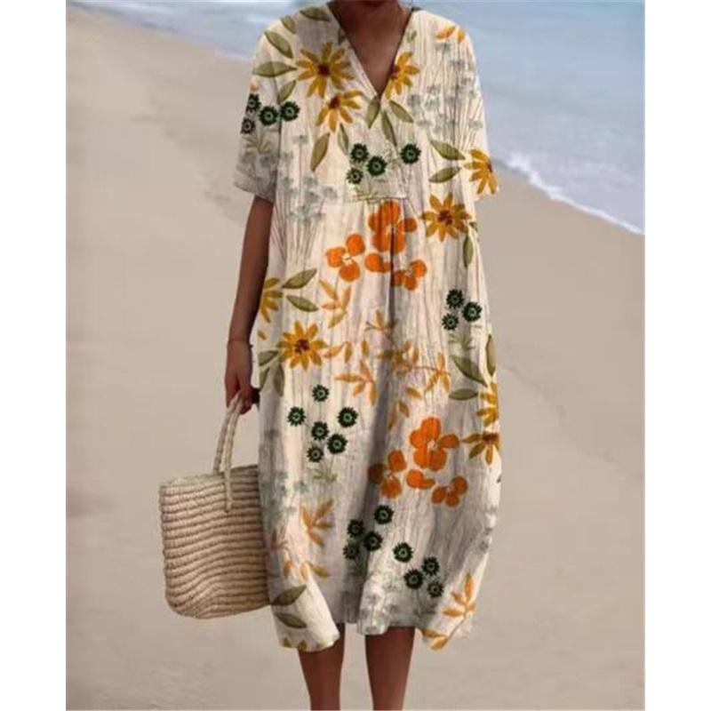New European And American Style Ladies Dress Women's Comfortable Loose Printed V-neck Casual Long Skirt