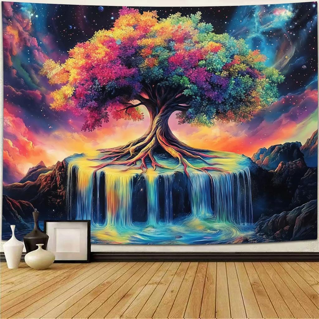 Simpkeely Tree of Life Blacklight Tapestry UV Reactive Colorful Waterfall Tapestry Galaxy Space Starry Sky Wall Tapestries Hanging for Bedroom -