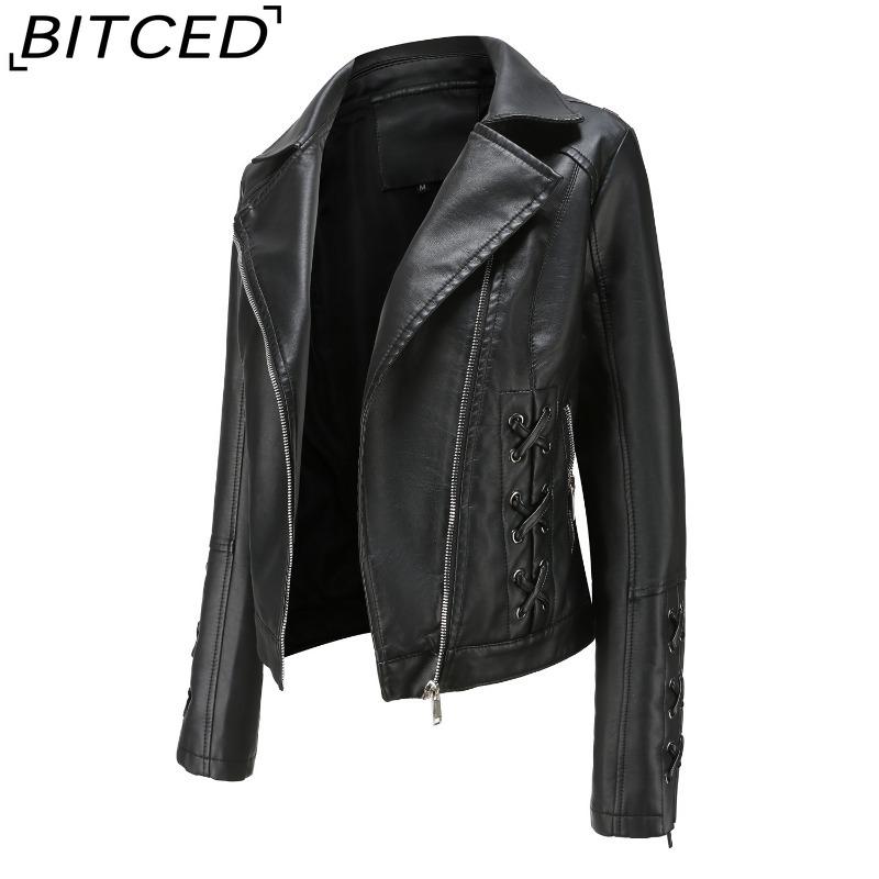 

BITCED Fashion Knitted Leather Jacket for Women with Straps Trendy Clothing Casual Jacket S чёрный