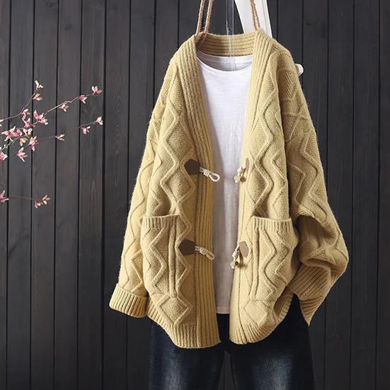 

Женский зимний свитер, женский осенний свободный вязаный кардиган большого размера с роговыми пуговицами, универсальный утолщенный вязаный кардиган S