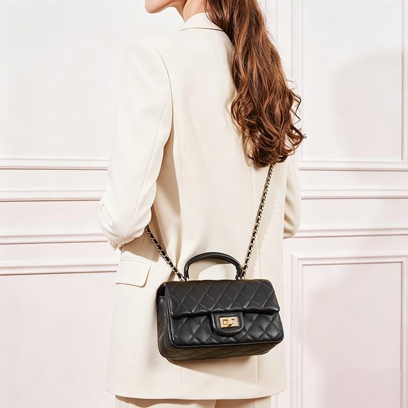 Genuine Lamb Leather Mini Square Crossbody Bag With Chain Strap Rhombus Quilted Design Women Daily Commute