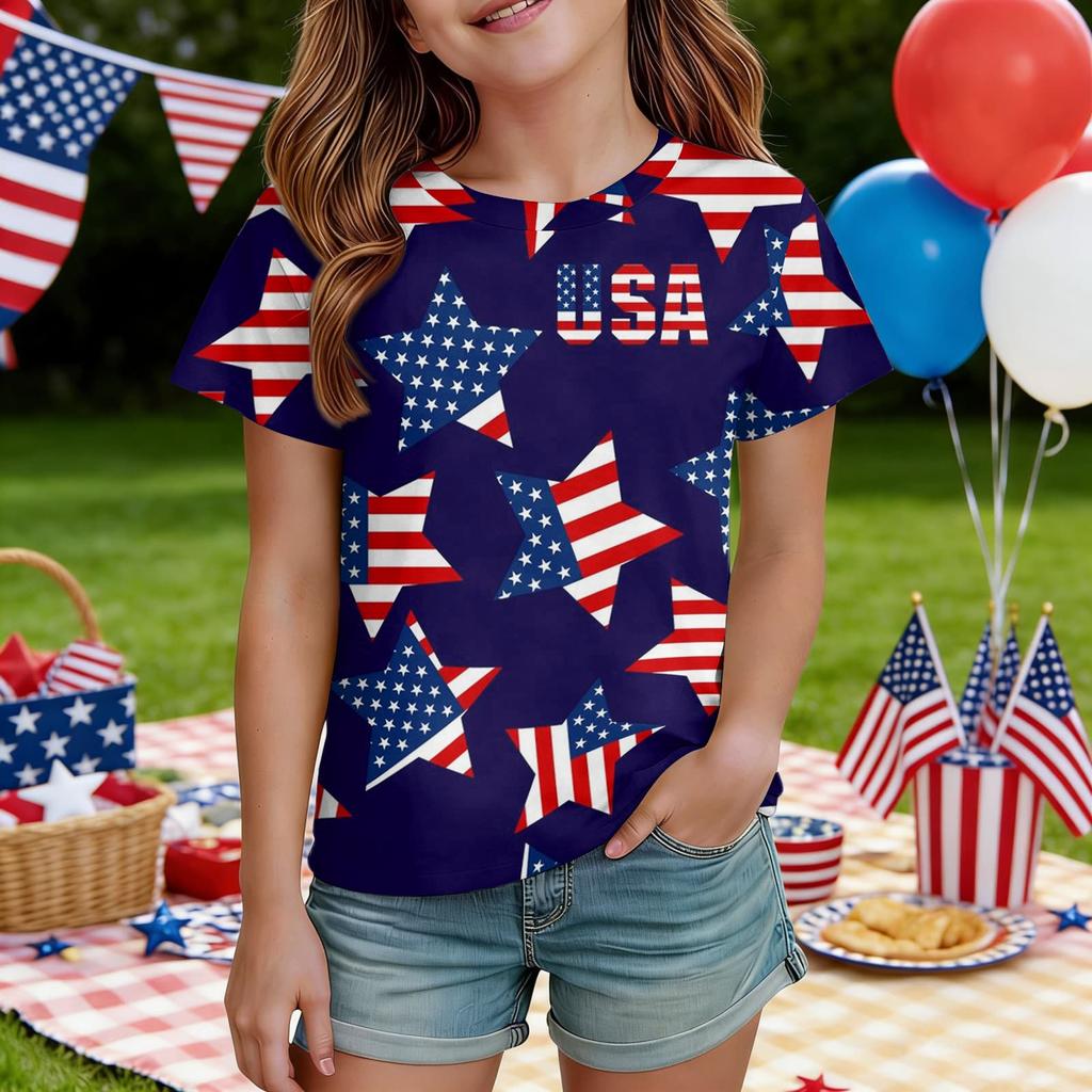 Kids Independence Day Print Round Neck Short Sleeve Casual T-shirt