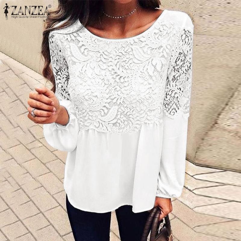 

ZANZEA Летняя повседневная кружевная блузка с круглым вырезом и длинными рукавами
