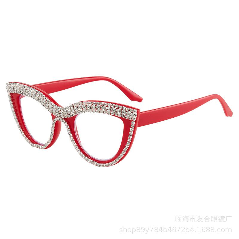 Personalized Hand-Set Diamond Cat Eye Anti-Blue Reading Glasses Retro Trend High-End Glasses