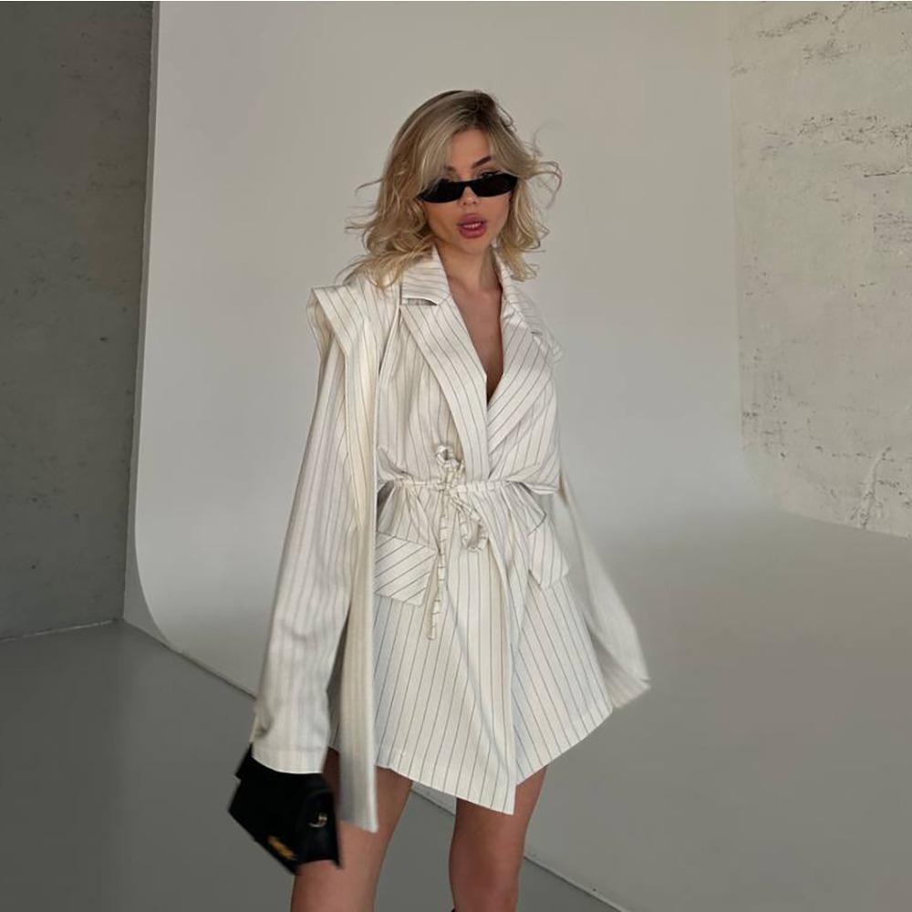 Personalized Design Striped Medium and Long Streamer Suit Jacket Women's Elegant High-end Temperament Top