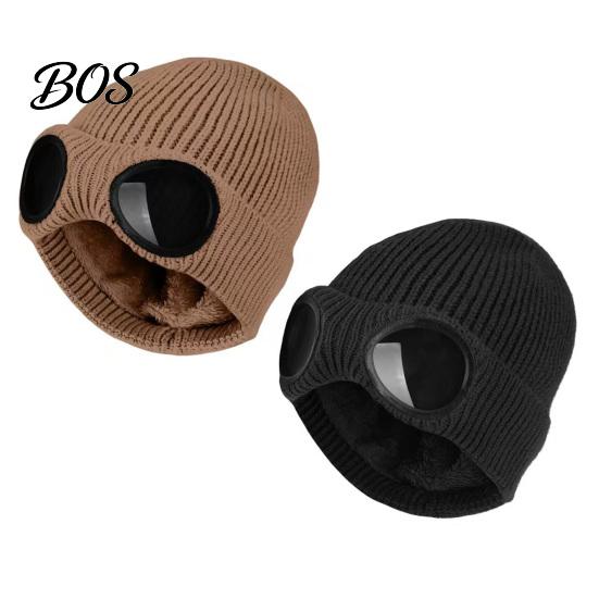 Snow Proof Outdoor Cycling Hat 2Pcs Fleece Lined Hats with Goggles, Warm Winter Knit Stretchy Brimless Eye Protection Hats, Windproof Skiing Caps for