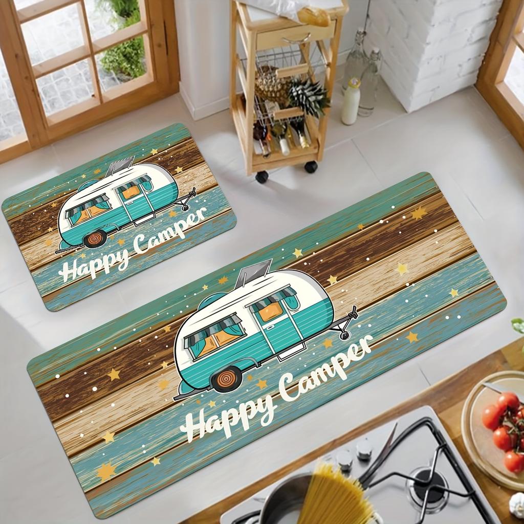 Happy Camper Theme Kitchen Mat Polyester Non-Slip Rugs With Fade Carpet Resistant Rectangular Wood Grain Camping Decor Mat