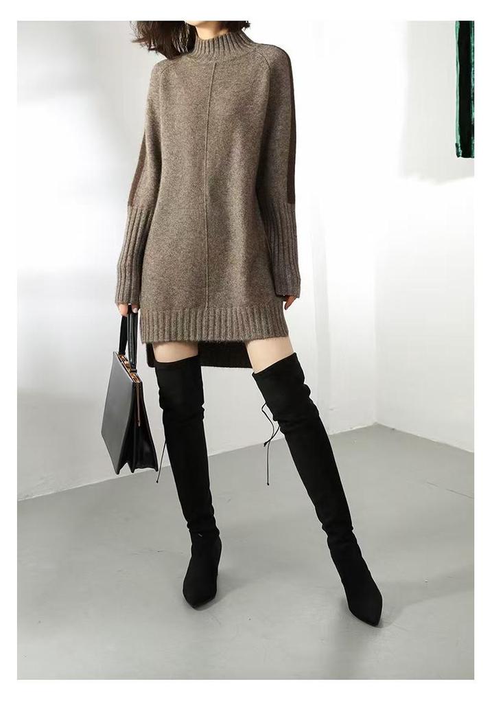 Women's Color Block Half-High Neck Sweater Dress - Long Sleeve Knitwear for Autumn/Winter