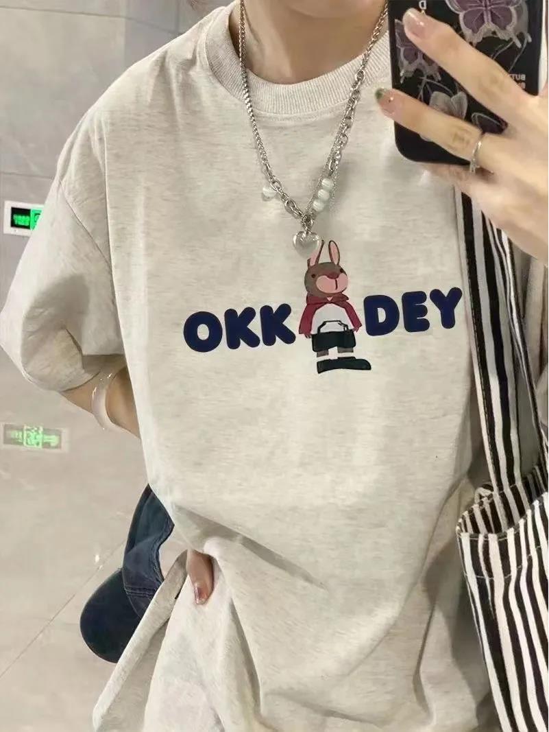 

2024 Trendy Cartoon Print Unisex Loose Grey T-Shirt, 100% Cotton, Short-Sleeve, Straight-Shoulder M for under 100 jin