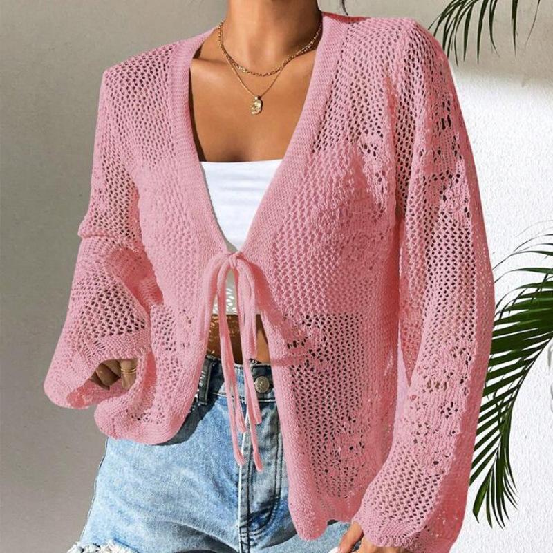 Cross-border Amazon Europe and America Hollow Summer Knitted Cardigan Women's Beach Knitted Sweater Long-sleeved Bow Knitted Cardigan