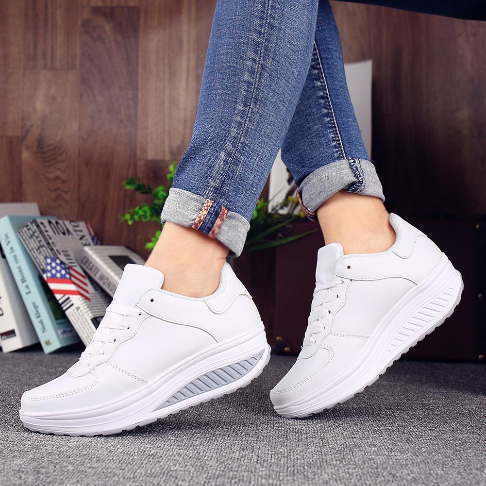 Fashion PU Leather Women's Platform Shoes Non-slip Rocker Shoes Walking Running Sports Shoes Wedge Heels
