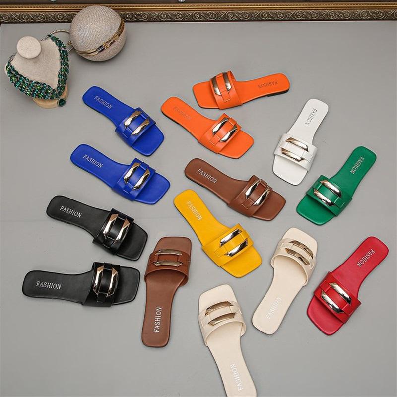 Women's New Plus Size Square Toe Flat Slide Sandals, Metal Buckle Casual Beach Slippers