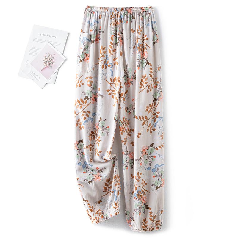 

Пижамные брюки из хлопкового шелка, женские летние тонкие антимоскитные широкие брюки, однотонные, для отдыха на открытом воздухе, для дома, с принтом, пляжные брюки Nine-minute One Size