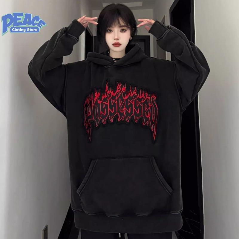 Retro Flame Letter Printed Hooded Sweatshirt for Men and Women Autumn and Winter Fashion Trend Casual Comfy Thick Top Streetwear