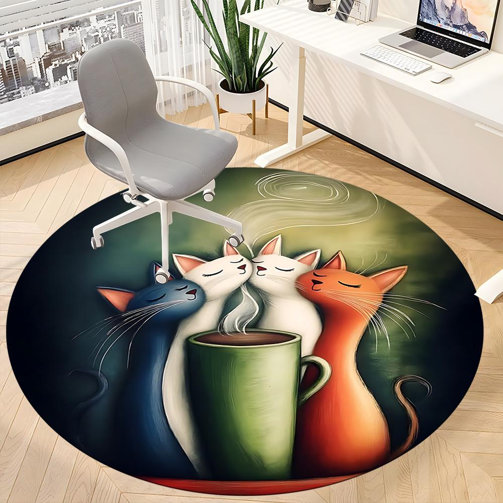 1pc Cats Coffee Office Round Area Rug, Indoor Mat Suitable ForOffice, Under Office Chairs Bedroom Living Room Home Decor, Room Deco  D042