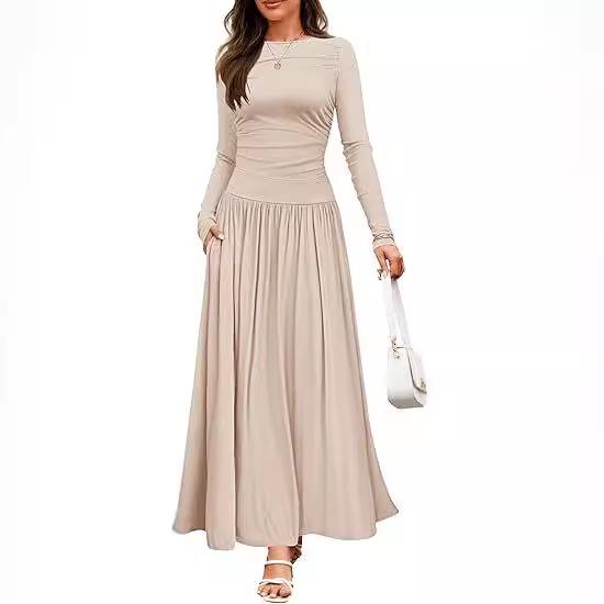 2025 Cross-border Women's Round Neck Pleated Pocket Slim Fit Long Sleeve Knit Dress