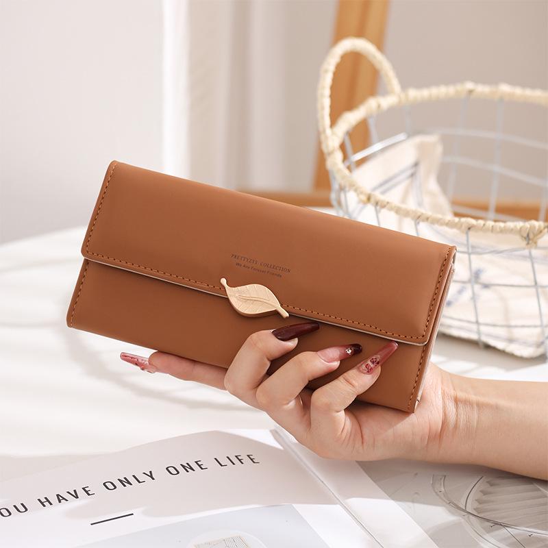 Women's Large Capacity PU Leather Long Wallet, Solid Color with Leaf Buckle – Japanese/Korean Style Clutch