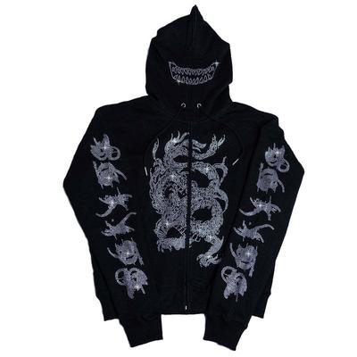 European and American Autumn and Winter Unisex Y2K Trendy Rhinestone Loose Hooded Cardigan Sweater