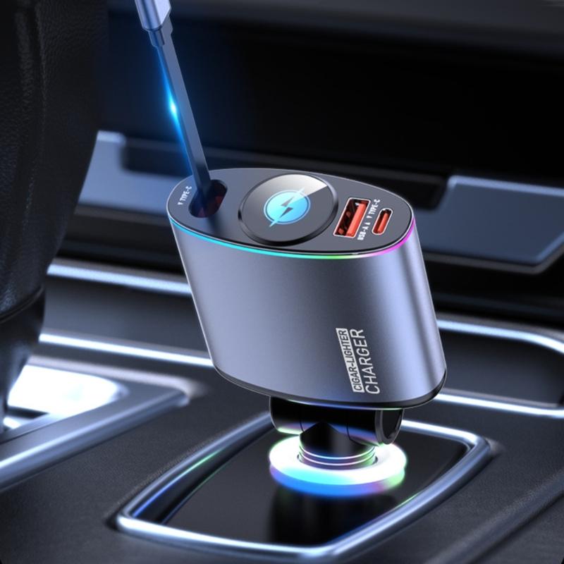 66W Fast Charging Car Adapter with Extendable Type C Cord & USB Slot Suitable for Smartphones and Tablets, Mobile Device