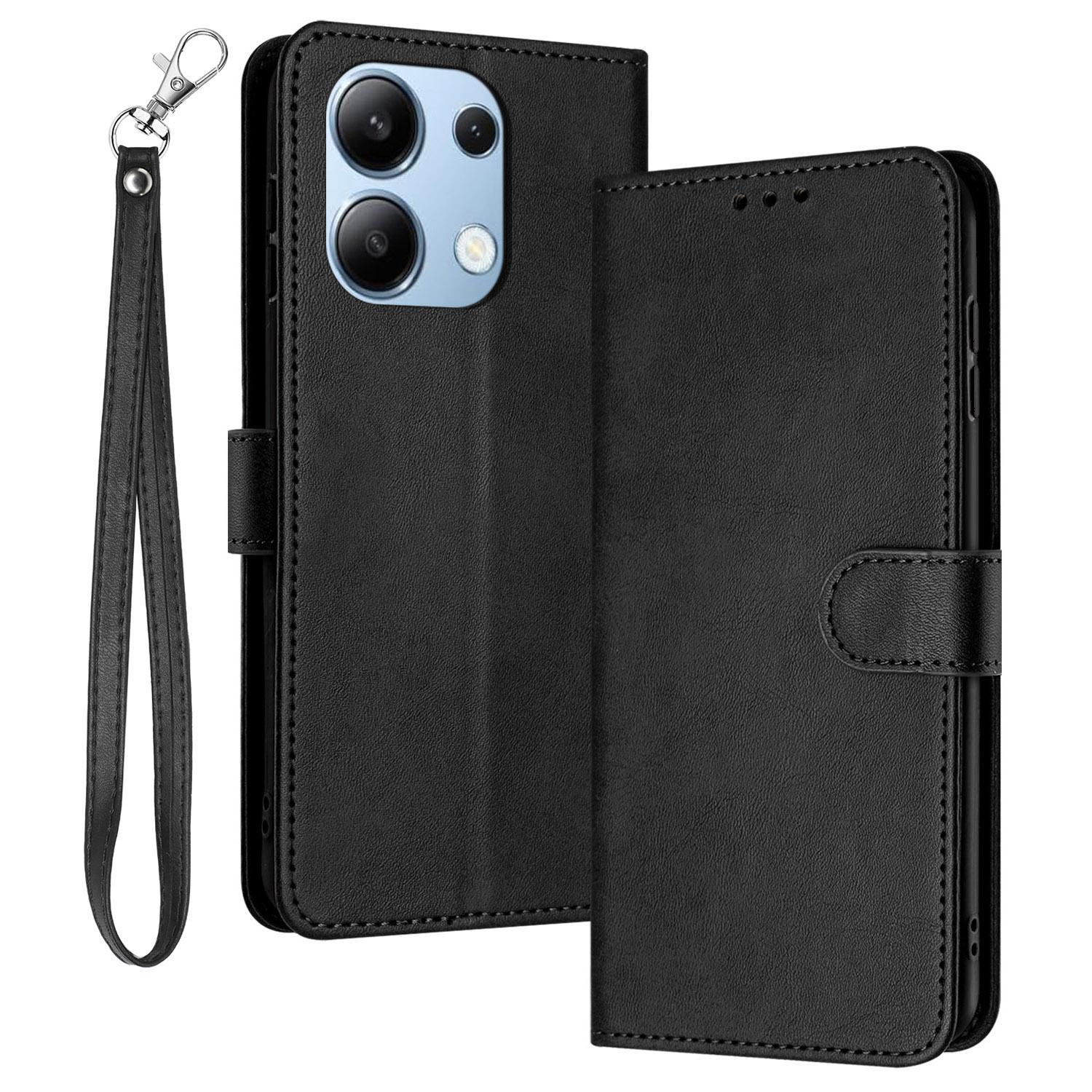 

Cell Phone Case for Xiaomi Redmi Note 13 4G Leather Calf Texture Cover with Strap Black