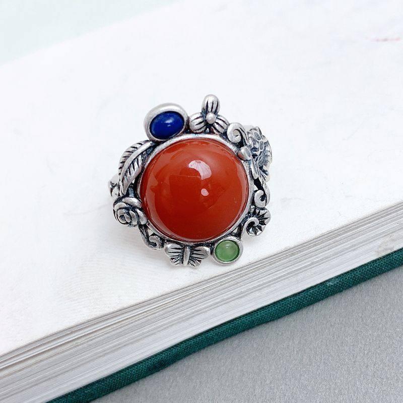 Adjustable Open Ring Women Men Vintage Butterfly Floral Design Copper Jewelry With Enamel Inlay